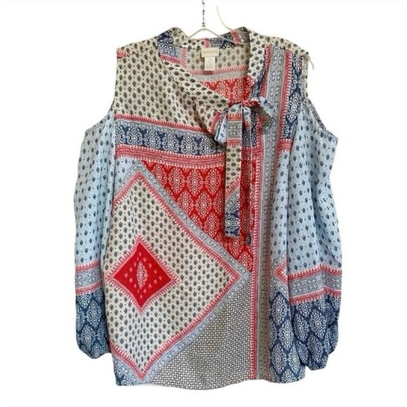 Chico's‎ Bohemian Elements Cold-Shoulder Tie-Neck Top Blue/ Red Scarf 2 L/12 - Picture 11 of 11